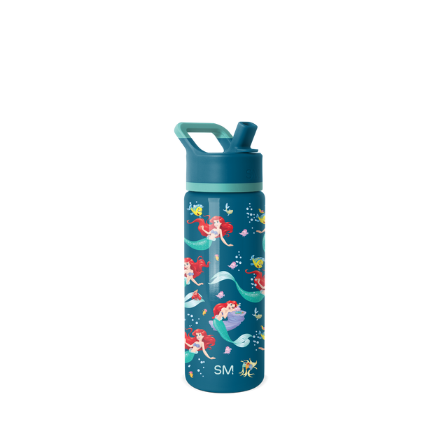 Deep teal cylindrical water bottle with turquoise lid and handle featuring a flip-top spout, shown against a white background. Deep teal cylindrical water bottle with turquoise lid and handle featuring a flip-top spout, shown against a white background.