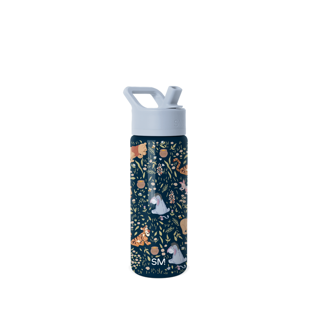 Navy blue water bottle with pale blue lid and carry handle, featuring a cylindrical design Navy blue water bottle with pale blue lid and carry handle, featuring a cylindrical design
