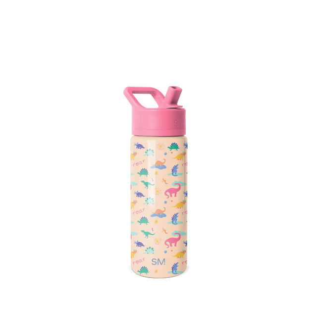 Soft peachy-beige water bottle with vibrant bubblegum pink cap and carrying handle, featuring a colorful repeating dinosaur pattern on the body. Soft peachy-beige water bottle with vibrant bubblegum pink cap and carrying handle, featuring a colorful repeating dinosaur pattern on the body.