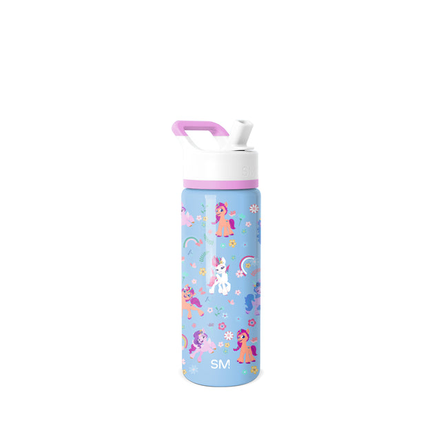 Periwinkle blue water bottle with bright pink and purple accents, white and light gray lid assembly with pink tones, and colorful orange, pink, and purple design elements. Periwinkle blue water bottle with bright pink and purple accents, white and light gray lid assembly with pink tones, and colorful orange, pink, and purple design elements.