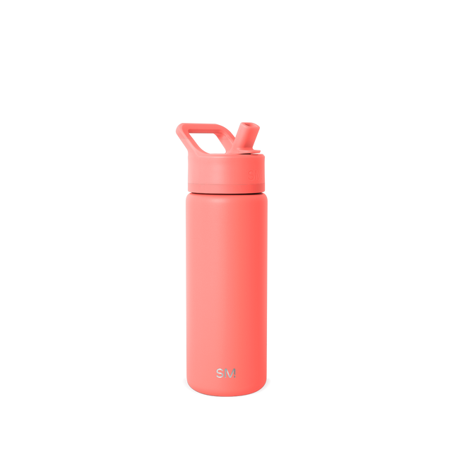 Cylindrical coral-pink water bottle with tapered base and matching removable cap, centered against white background. Cylindrical coral-pink water bottle with tapered base and matching removable cap, centered against white background.