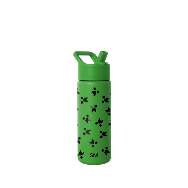 Vibrant green water bottle with black decorative print pattern throughout exterior Vibrant green water bottle with black decorative print pattern throughout exterior