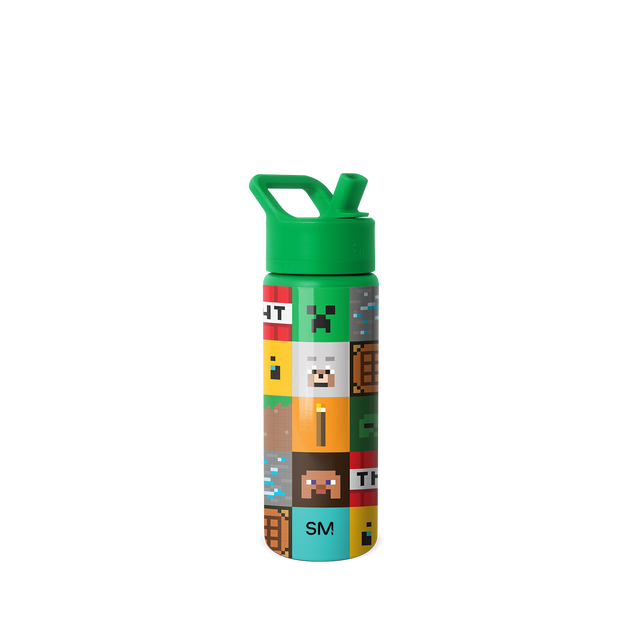Vibrant green water bottle with threaded cap and carry handle, featuring a colorful wraparound design, shown against a white background. Vibrant green water bottle with threaded cap and carry handle, featuring a colorful wraparound design, shown against a white background.
