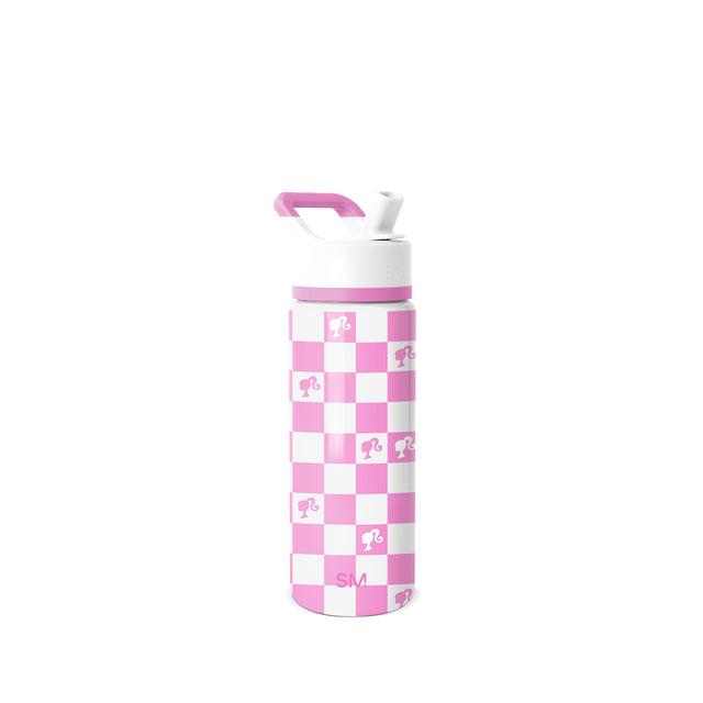 Hot pink and white checkerboard water bottle with white cap, handle, and hot pink neck band Hot pink and white checkerboard water bottle with white cap, handle, and hot pink neck band