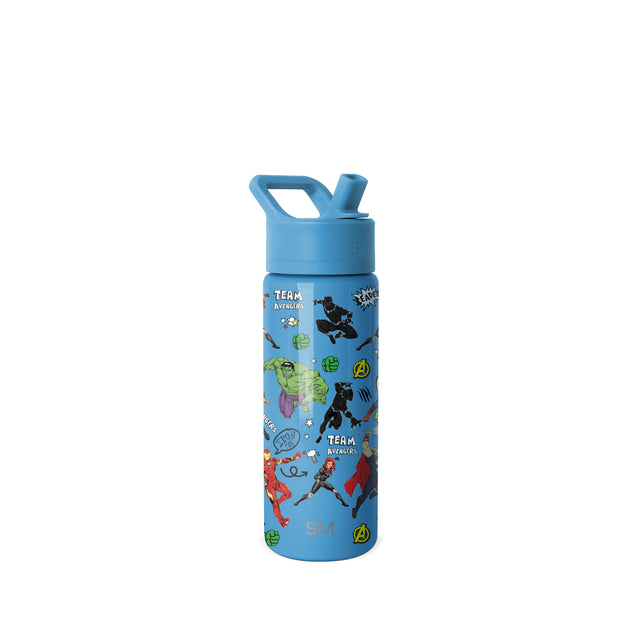 Bright blue Marvel Avengers water bottle with black lid and colorful character graphics in green, red, and yellow printed on the body. Bright blue Marvel Avengers water bottle with black lid and colorful character graphics in green, red, and yellow printed on the body.