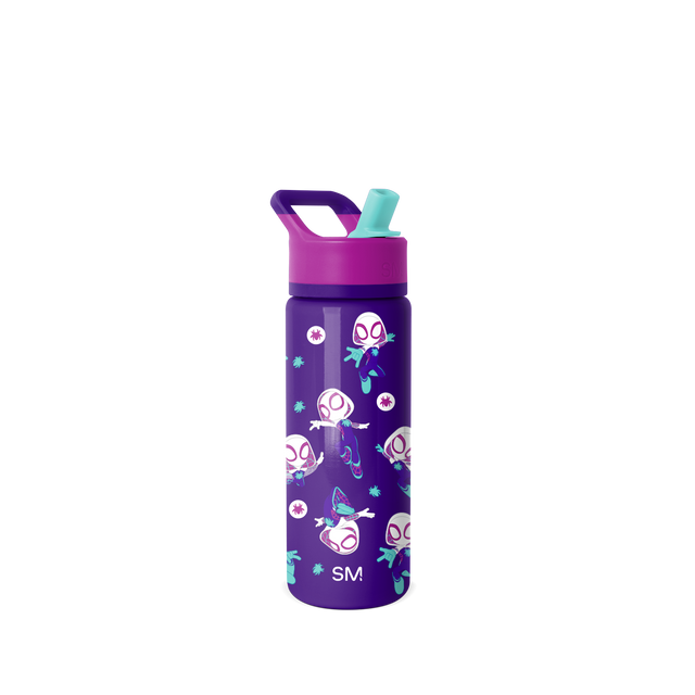 Deep purple water bottle with magenta flip-top lid and handle, turquoise stripe on spout tip Deep purple water bottle with magenta flip-top lid and handle, turquoise stripe on spout tip