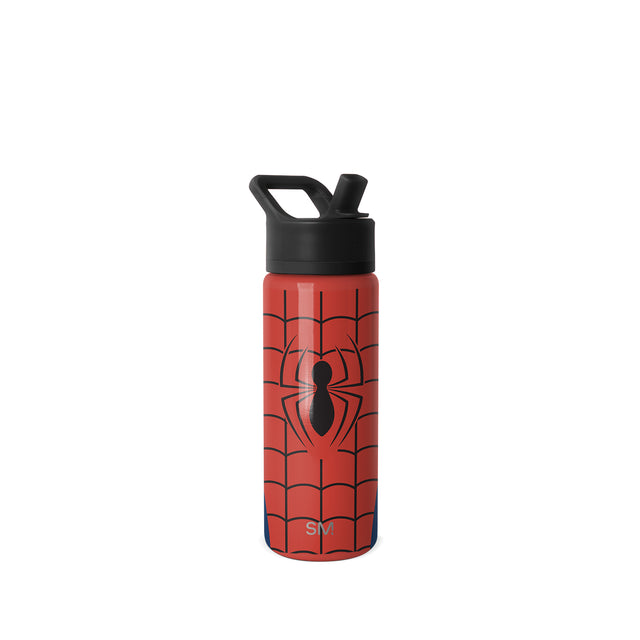 Bright red cylindrical water bottle with black cap and straw assembly Bright red cylindrical water bottle with black cap and straw assembly