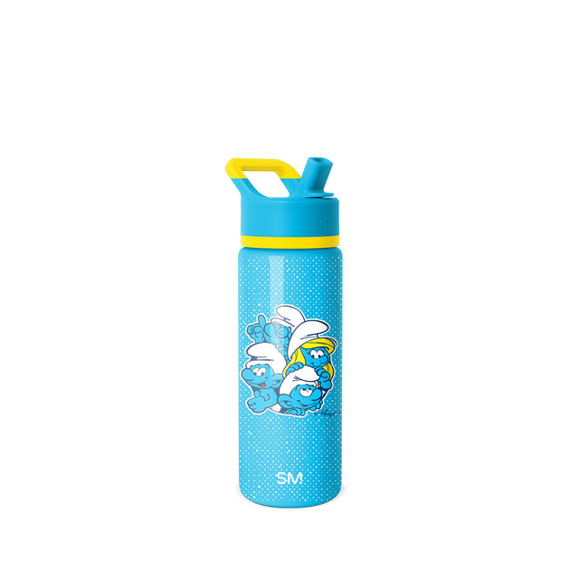 Turquoise blue water bottle with yellow-green accent band and handle, featuring a pop-top spout design Turquoise blue water bottle with yellow-green accent band and handle, featuring a pop-top spout design