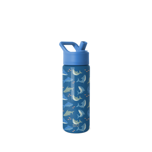 Simple Modern water bottle with bright blue cap and lid on white background Simple Modern water bottle with bright blue cap and lid on white background