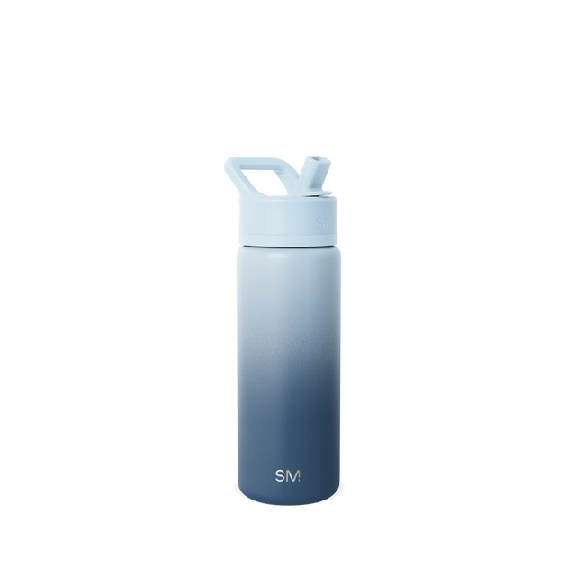 Water bottle with gradient color transitioning from light blue at the top to deep navy blue at the bottom, featuring a matching light blue cap and handle. Water bottle with gradient color transitioning from light blue at the top to deep navy blue at the bottom, featuring a matching light blue cap and handle.