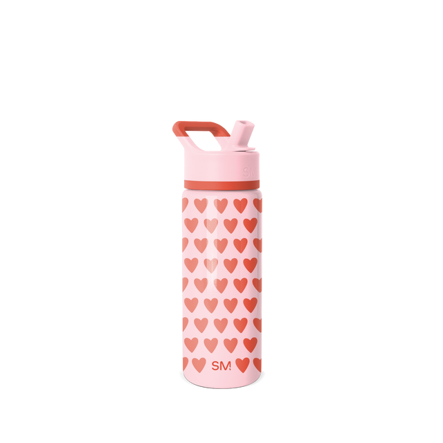 Soft pale pink water bottle with coral-red handle, band, and heart motifs on white background Soft pale pink water bottle with coral-red handle, band, and heart motifs on white background