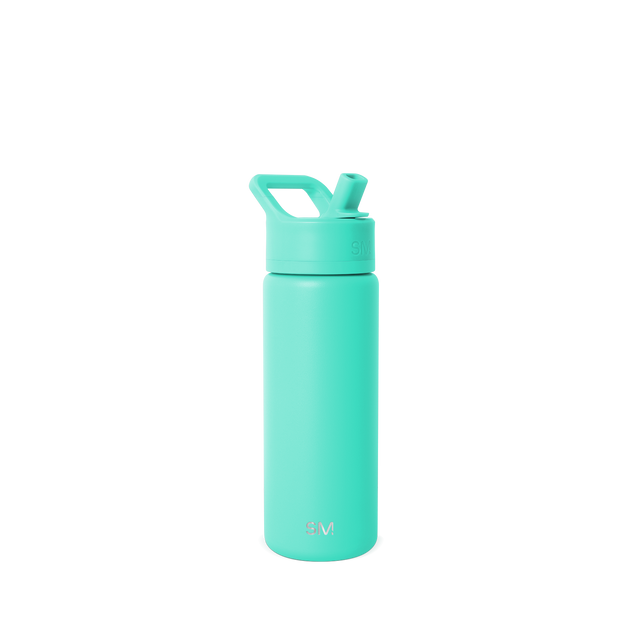 Bright turquoise insulated water bottle with a smooth finish against a light gray background Bright turquoise insulated water bottle with a smooth finish against a light gray background