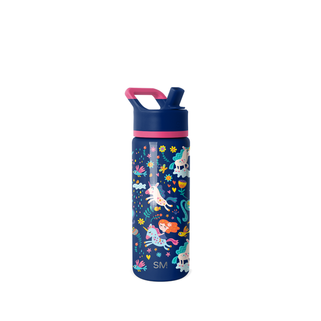 Navy blue water bottle with hot pink and coral accents on the lid and band, and bright yellow and golden details Navy blue water bottle with hot pink and coral accents on the lid and band, and bright yellow and golden details