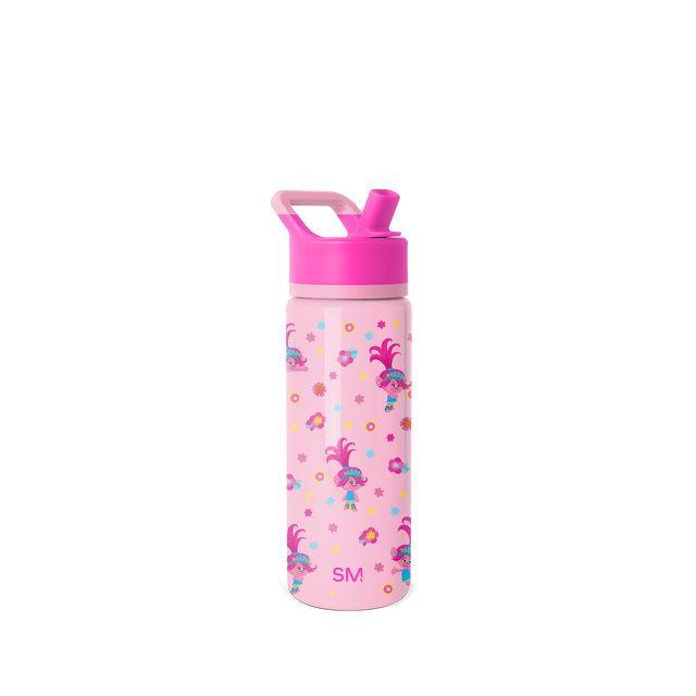 Soft pink water bottle with hot pink cap and carry handle, featuring colorful secondary color accents throughout the design. Soft pink water bottle with hot pink cap and carry handle, featuring colorful secondary color accents throughout the design.