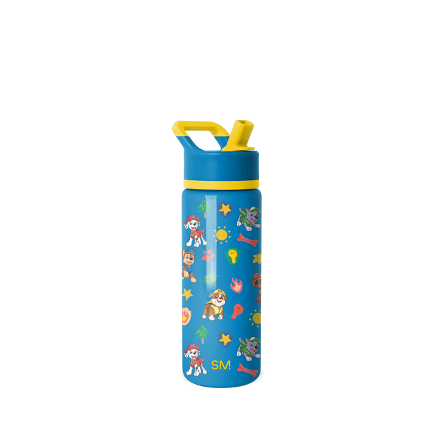 Bright royal blue water bottle with yellow-gold carrying handle, cap band, and spout accent Bright royal blue water bottle with yellow-gold carrying handle, cap band, and spout accent