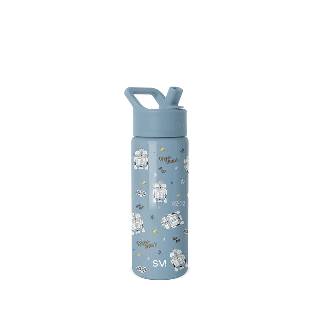 Slate blue water bottle with white robot character illustrations and gold star accents Slate blue water bottle with white robot character illustrations and gold star accents
