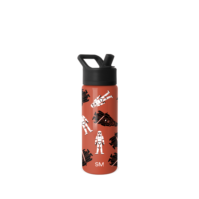 Rust-orange water bottle with matte black lid and spout, featuring white and black graphic illustrations Rust-orange water bottle with matte black lid and spout, featuring white and black graphic illustrations