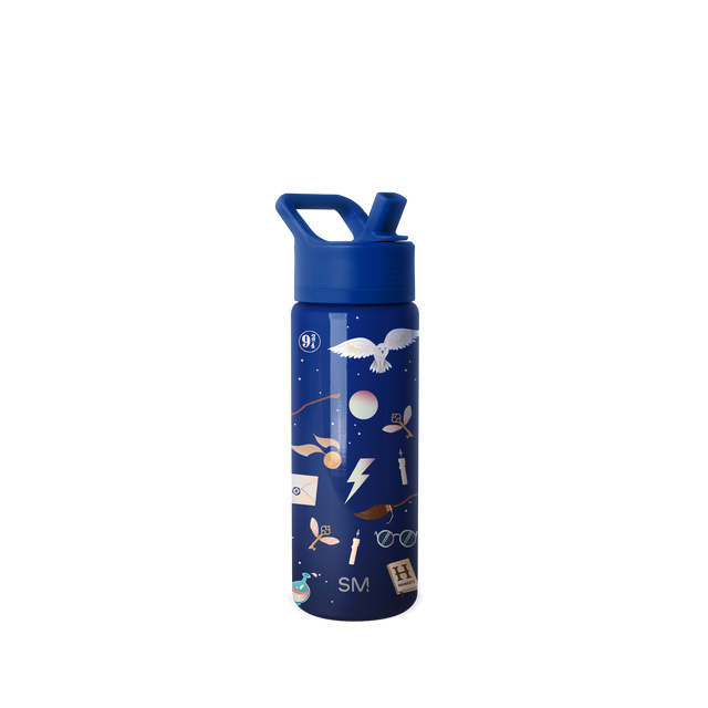 Navy blue insulated water bottle with matching lid and carry handle, featuring cream and white accents. Navy blue insulated water bottle with matching lid and carry handle, featuring cream and white accents.