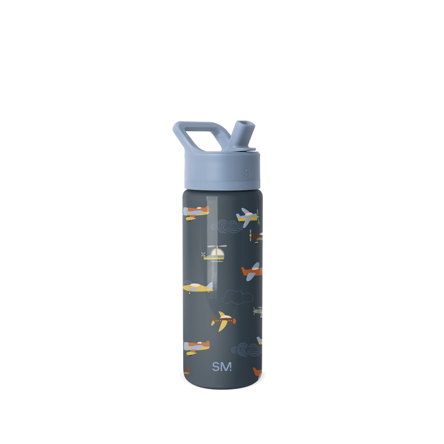 Dark charcoal gray water bottle with periwinkle blue cap and straw, decorated with colorful illustrated airplanes in yellow. Size small, model SM2-S-18-WU-M. Dark charcoal gray water bottle with periwinkle blue cap and straw, decorated with colorful illustrated airplanes in yellow. Size small, model SM2-S-18-WU-M.