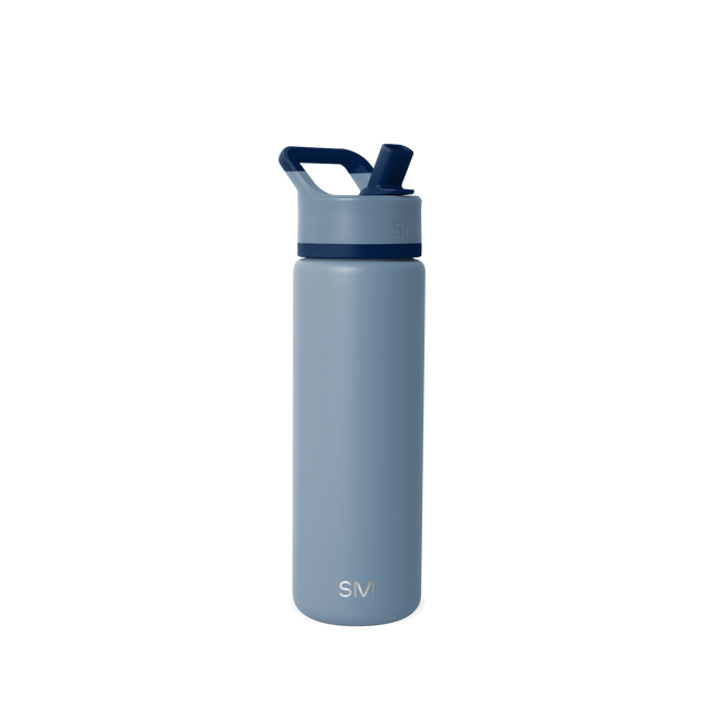 Slate blue water bottle with darker navy blue handle and flip-top lid mechanism Slate blue water bottle with darker navy blue handle and flip-top lid mechanism