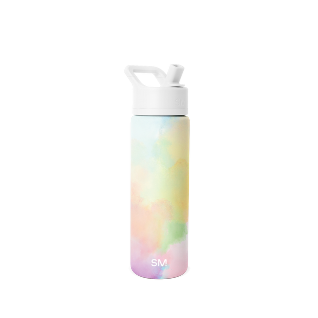White Simple Modern water bottle with flip-top lid and carry handle, displayed on white background. Tall cylindrical design, product shot. White Simple Modern water bottle with flip-top lid and carry handle, displayed on white background. Tall cylindrical design, product shot.
