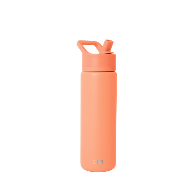 Coral peach cylindrical water bottle, 22 ounces, with sleek modern design and smooth sides on white background Coral peach cylindrical water bottle, 22 ounces, with sleek modern design and smooth sides on white background