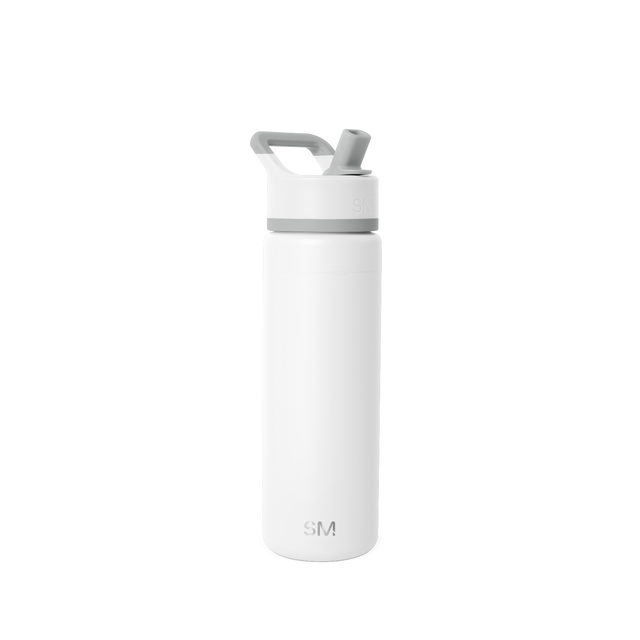 White water bottle with gray accents on the carry handle and cap assembly, shown against a white background. White water bottle with gray accents on the carry handle and cap assembly, shown against a white background.