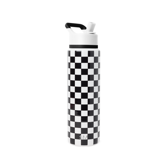 Black and white checkerboard pattern water bottle centered on white background Black and white checkerboard pattern water bottle centered on white background