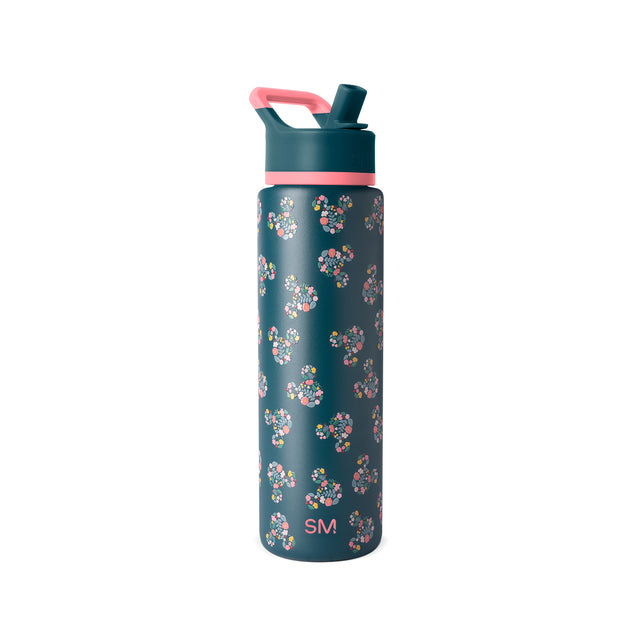 Deep teal water bottle with coral pink carry handle and cap band, featuring a floral design Deep teal water bottle with coral pink carry handle and cap band, featuring a floral design