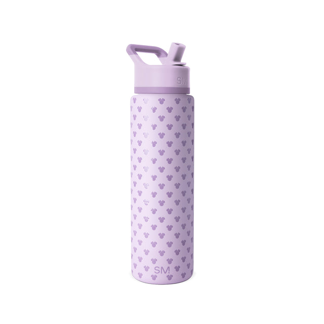 Pale lavender water bottle with purple accents on the lid band and handle, displayed against a neutral background. Pale lavender water bottle with purple accents on the lid band and handle, displayed against a neutral background.