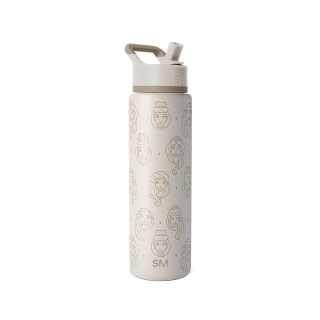 Cream-colored water bottle with taupe and beige design details, white cap and handle with greige accents Cream-colored water bottle with taupe and beige design details, white cap and handle with greige accents