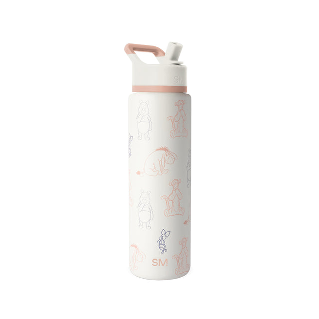 Simple Modern cream cylindrical water bottle with Winnie the Pooh and Friends design on white background Simple Modern cream cylindrical water bottle with Winnie the Pooh and Friends design on white background