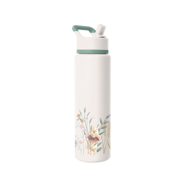 Cream and sage green insulated water bottle with flip-top lid and carry handle Cream and sage green insulated water bottle with flip-top lid and carry handle