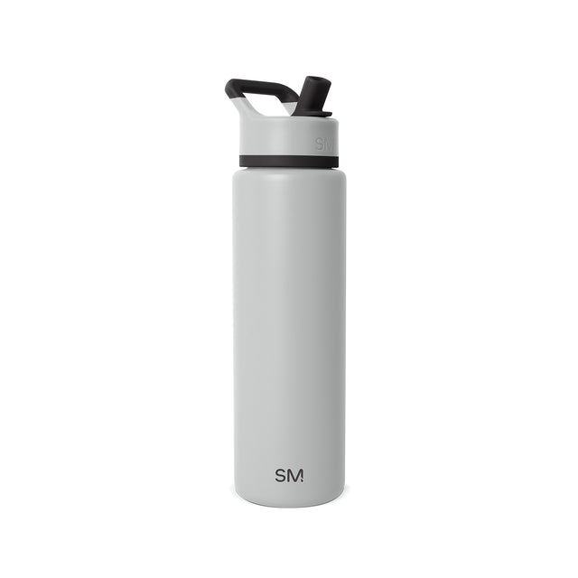 Soft pale gray water bottle with black lid and straw assembly, featuring a black band separating the lid from the body. Soft pale gray water bottle with black lid and straw assembly, featuring a black band separating the lid from the body.