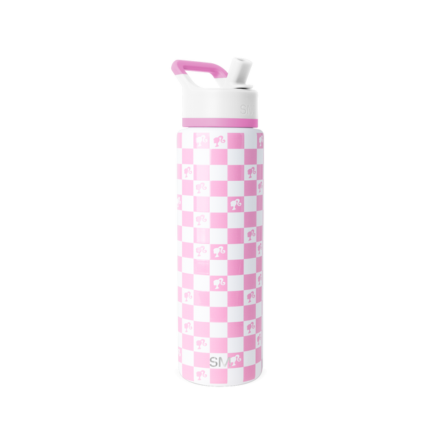 Pink and white checkerboard water bottle with matching lid and handle accent details Pink and white checkerboard water bottle with matching lid and handle accent details
