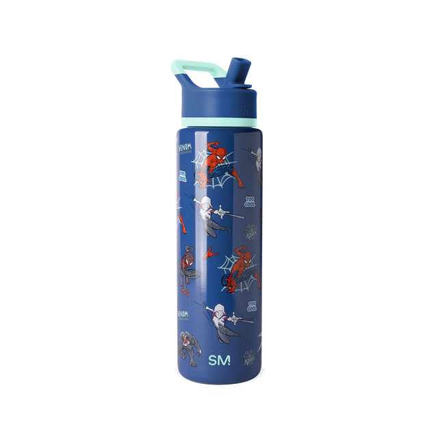 Navy blue insulated water bottle with mint green flip-top lid and carry handle Navy blue insulated water bottle with mint green flip-top lid and carry handle