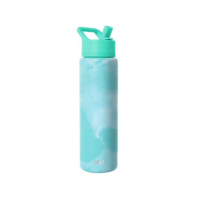 Soft turquoise water bottle with cloud-like tie-dye pattern in teal, light blue, and white shades. Solid-colored cap and carry loop. Soft turquoise water bottle with cloud-like tie-dye pattern in teal, light blue, and white shades. Solid-colored cap and carry loop.