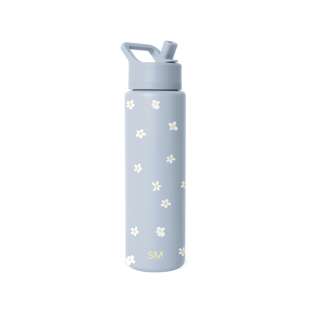 Dusty blue-gray water bottle with white flowers and pale yellow centers scattered across the surface Dusty blue-gray water bottle with white flowers and pale yellow centers scattered across the surface