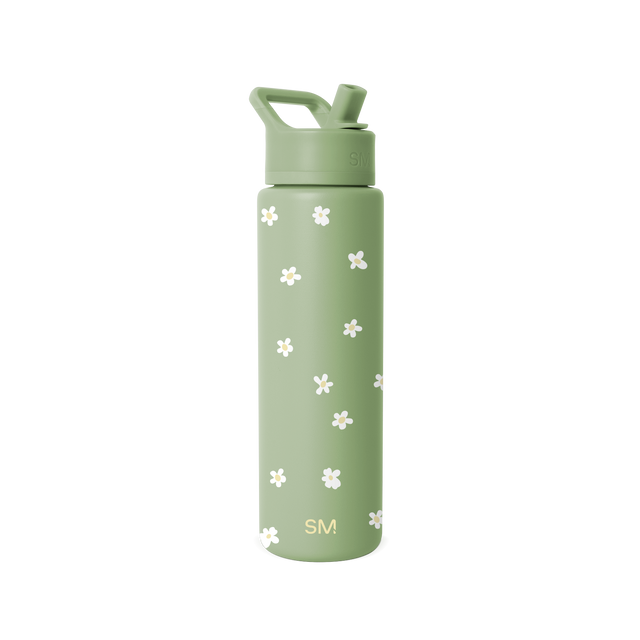Sage green water bottle with white flowers and yellow centers pattern, white cap and carrying handle Sage green water bottle with white flowers and yellow centers pattern, white cap and carrying handle