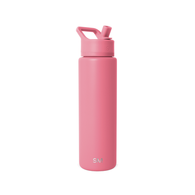 Soft dusty pink water bottle with white cap displayed against a clean white background, shown in full product view. Soft dusty pink water bottle with white cap displayed against a clean white background, shown in full product view.