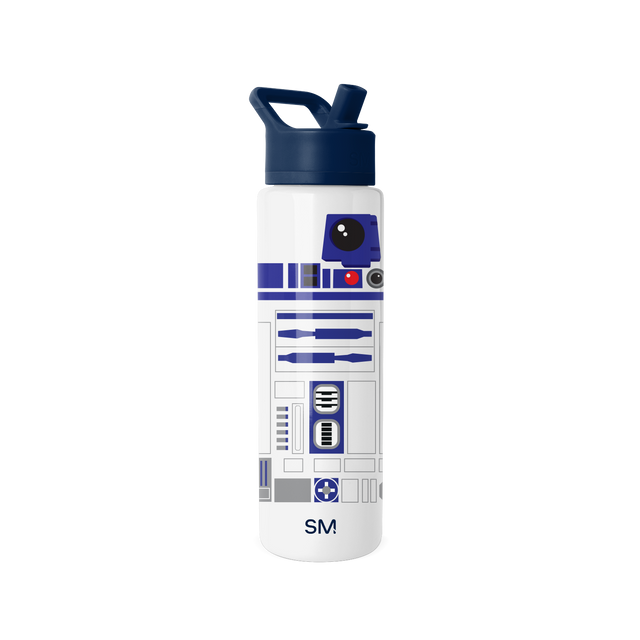 White water bottle with navy blue cap and top portion, featuring gray design accents. Product code SM2-S-30-W-R2D-M. White water bottle with navy blue cap and top portion, featuring gray design accents. Product code SM2-S-30-W-R2D-M.
