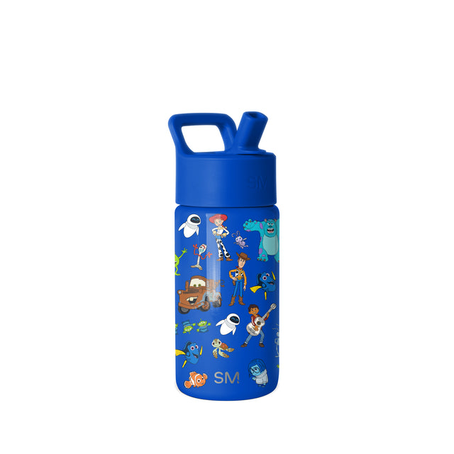 Blue Simple Modern water bottle with Pixar character print featuring Woody, Wall-E, Sulley, Nemo, and Merida. Includes flip-top lid and carry handle. Shown against white background. Blue Simple Modern water bottle with Pixar character print featuring Woody, Wall-E, Sulley, Nemo, and Merida. Includes flip-top lid and carry handle. Shown against white background.