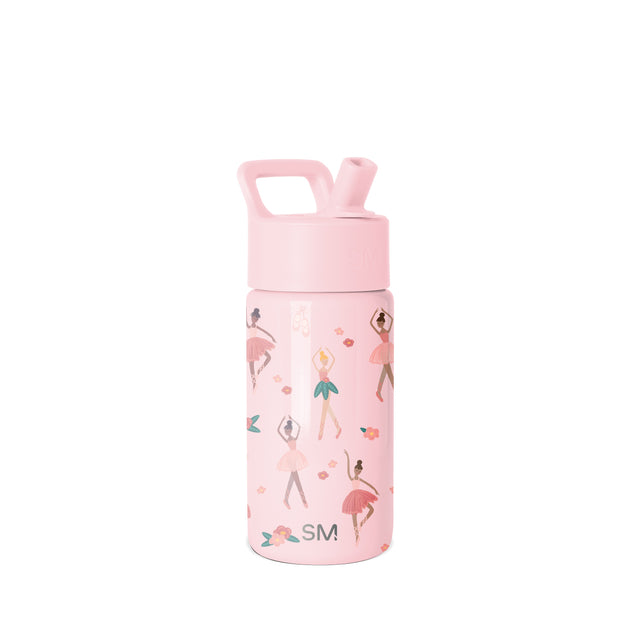 Pale pink Simple Modern insulated water bottle with pink handle and screw-cap lid featuring playful illustrations of dancing figures in colorful dresses and scattered floral motifs on a white background. Pale pink Simple Modern insulated water bottle with pink handle and screw-cap lid featuring playful illustrations of dancing figures in colorful dresses and scattered floral motifs on a white background.
