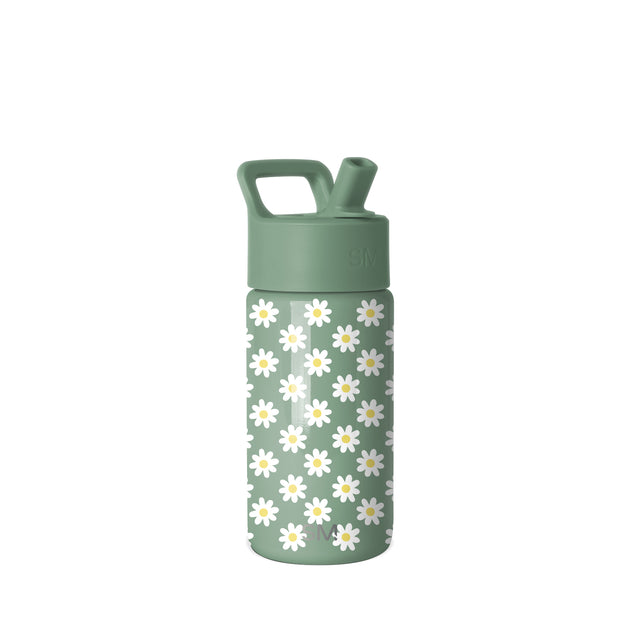 Sage green Simple Modern water bottle with white daisy flower pattern and yellow centers, featuring a flip-top spout with carry handle, isolated on white background. Sage green Simple Modern water bottle with white daisy flower pattern and yellow centers, featuring a flip-top spout with carry handle, isolated on white background.
