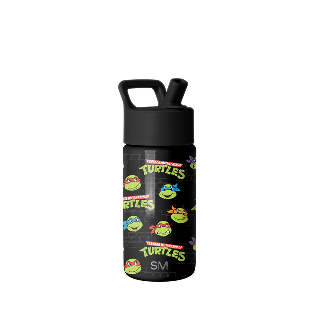 Simple Modern water bottle with Teenage Mutant Ninja Turtles character artwork featuring four turtle heads in red, blue, orange, and purple masks on black background with carrying handle and pop-top spout. Simple Modern water bottle with Teenage Mutant Ninja Turtles character artwork featuring four turtle heads in red, blue, orange, and purple masks on black background with carrying handle and pop-top spout.