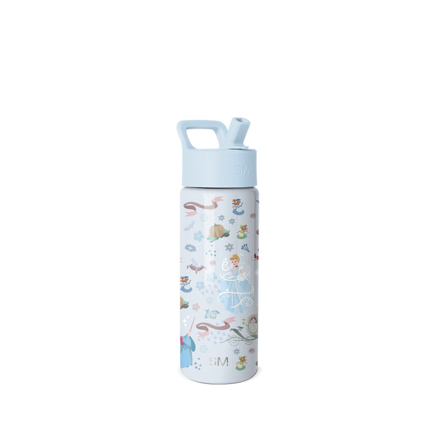 Light blue insulated water bottle with white middle band featuring fairy and fantasy illustrations in soft pastels, flip-top spout, carry handle, and SM logo on cap and band. Light blue insulated water bottle with white middle band featuring fairy and fantasy illustrations in soft pastels, flip-top spout, carry handle, and SM logo on cap and band.