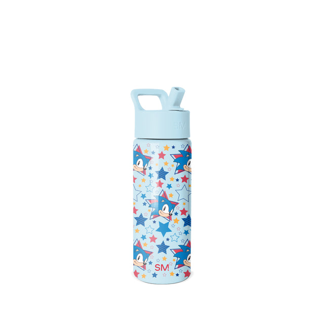 Light blue water bottle with cartoon character design, red SM logo, square carry handle, and twist-cap lid on white background. Light blue water bottle with cartoon character design, red SM logo, square carry handle, and twist-cap lid on white background.