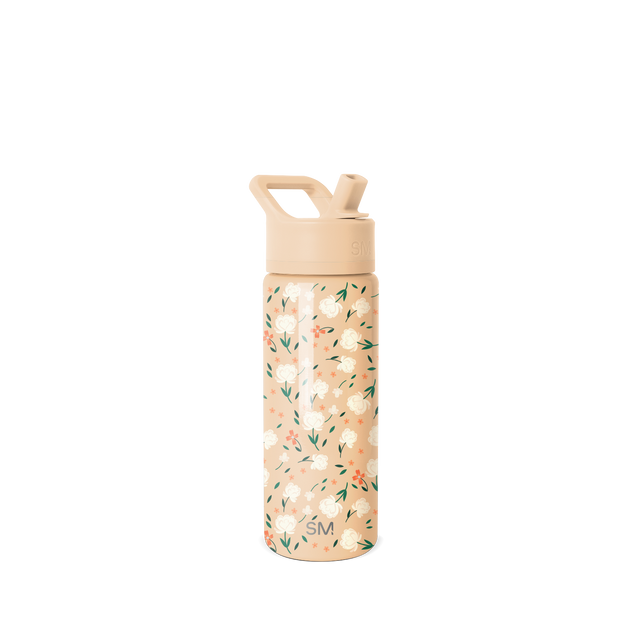 Simple Modern water bottle in soft peachy-beige with floral pattern, centered on white background Simple Modern water bottle in soft peachy-beige with floral pattern, centered on white background