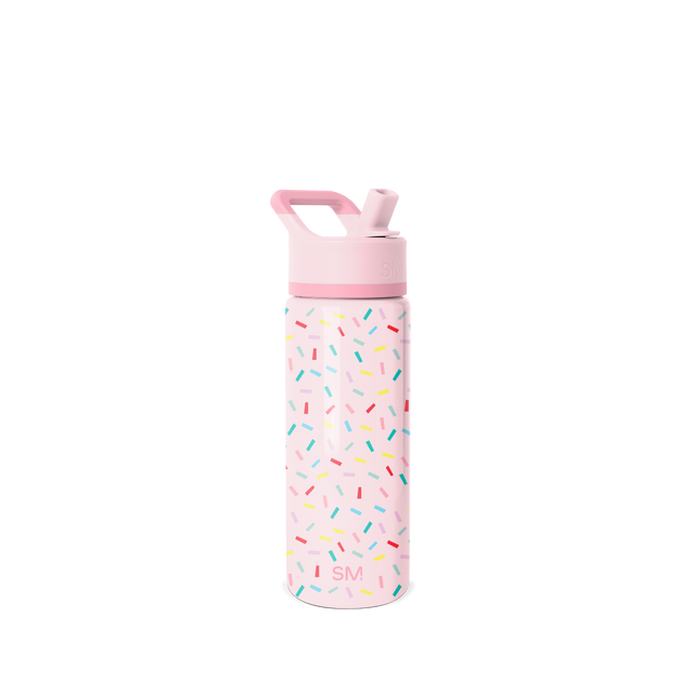 Soft pastel pink water bottle with matching lid and colorful teal and coral confetti sprinkles scattered across the design Soft pastel pink water bottle with matching lid and colorful teal and coral confetti sprinkles scattered across the design