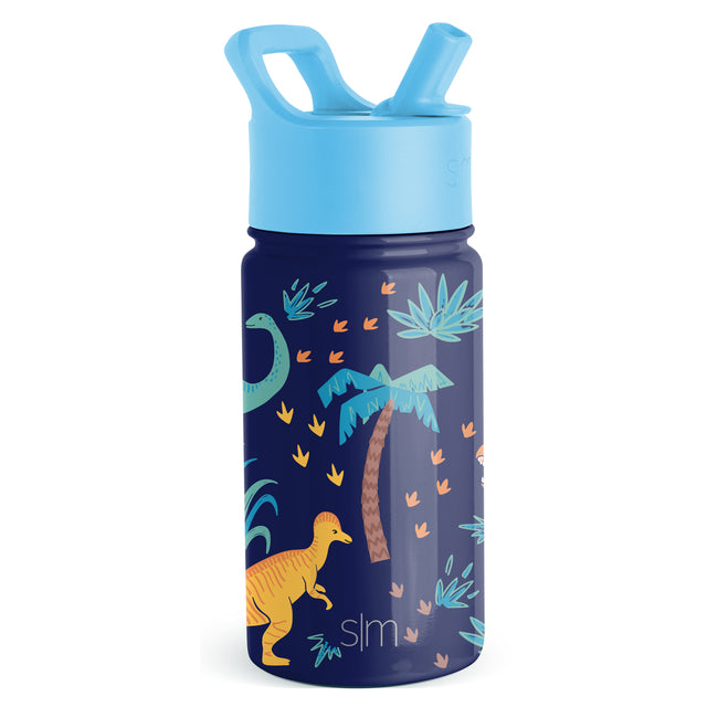 Two-tone water bottle with bright sky blue lid, spout, and carry handle on deep navy blue body Two-tone water bottle with bright sky blue lid, spout, and carry handle on deep navy blue body